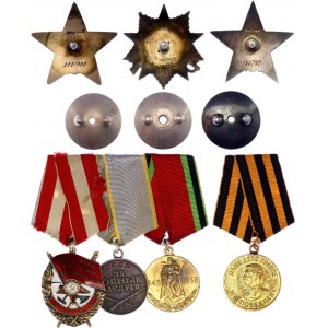 Russia - USSR Medal Bar with 4 Medals and 3 Orders with Docs per Soldier 1942 - 1965