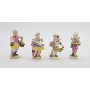 MIŚNIA - MANUFAKTURA PORCELANY, Cztery figurki puttów z atrybutami - z serii: „Verkleidete Amoretten” (Przebrane amorki)