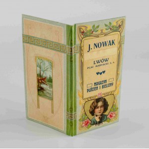 J. Nowak, Lwów. Magazyn płócien i bielizny. Czyste blankiety na zamówienia w ozdobnej secesyjnej okładce [przed 1914]