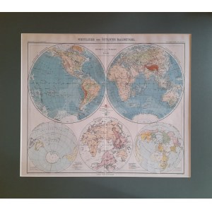 MAP OF THE WORLD, 1905, Stielers Handatlas - first edition issued on cylindrical printing presses