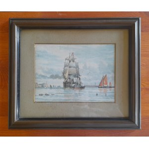Niederländischer Maler, Schiff im Hafen (Aquarell, Anfang 20. Jahrhundert)