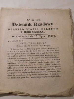 1840. DZIENNIK RZĄDOWY Wolnego Miasta Krakowa i Jego Okręgu nr 1.