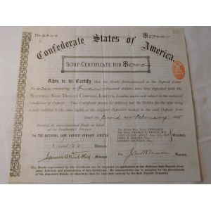 1885. CONFEDERATE STATES OF AMERICA SCRIP CERTIFICATE 2 II 1885.