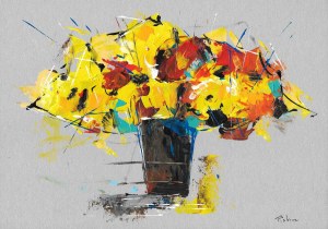 Piotr Piskorz, 3 grafiki, Kwiaty na szarym tle (niebieskie, żółte, czerwone)