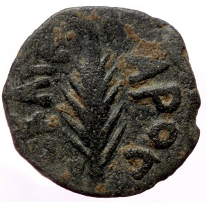 Judaea, Procurators Porcius Festus 59-62 AE prutah (Bronze, 16mm, 2.63g) Procurator under Nero, Year 5 = 58/59 AD.