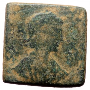 Rectangular weight (pseudo exagium solidi?) made out of a late imperial AE follis (Bronze, 4.24g, 16mm) issued by Theodo