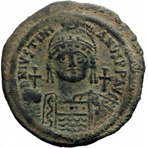 Justinian I (527-565), AE follis (Bronze, 40,1 mm, 23,0 g), Constantinople, 5th officina, dated RY 24=550/1.