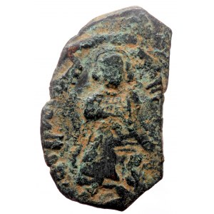 Islamic, Umayyad Caliphate (Arab-Byzantine coinage), Æ Fals (Bronze, 25mm, 2.58g) Halab (Aleppo), ca AD 690-700.