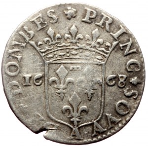 France, PRINCIPAUTÉ DE DOMBES, Anne-Marie-Louise D'Orleans, Douzième (1/12) d'écu (Silver, 1.71g, 20mm) Trévoux, 1668