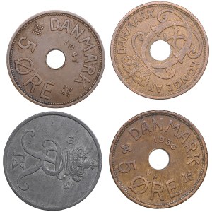 Denmark 5 Øre 1936, 1940, 1941, 1951 (4)