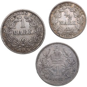 Germany 1 Mark 1918 & 1/2 Mark 1916, Austria 1 Corona 1902 (3)