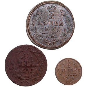 Russia Denga 1761, 2 Kopecks 1814 & 1/2 Kopeck 1911 (3)