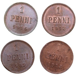 Russia, Finland 1 Penni 1909, 1912, 1913 & 1916 (4)