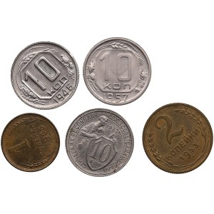 Russia, USSR 10 Kopecks 1932, 1946, 1957, 2 Kopecks 1953 & 1 Kopeck 1955 (5)