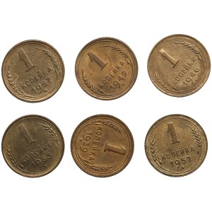 Russia, USSR 1 Kopeck 1939, 1946, 1949, 1952, 1953, 1957 (6)