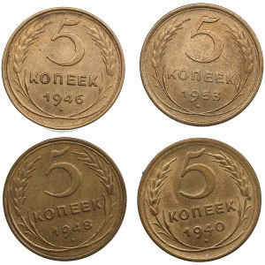 Russia, USSR 5 Kopecks 1940, 1946, 1948, 1953 (4)