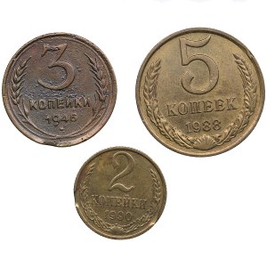 Russia, USSR 5 Kopecks 1988, 3 Kopecks 1945 & 2 Kopecks 1990 (3)