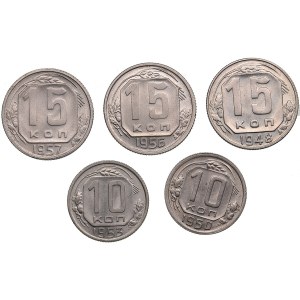 Russia, USSR 15 Kopecks 1948, 1956, 1957 & 10 Kopecks 1950, 1953 (5)