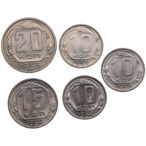 Russia, USSR 20 Kopecks 1953, 15 Kopecks 1954 & 10 Kopecks 1954, 1955, 1956 (5)