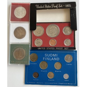 Lot of coins: Set of USA 1976, Finland 1973/1974, New Zealand 1 dollar & Singapore 5 dollars 1973 (16 coins)