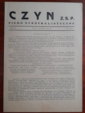 „Czyn”. Pismo syndykalistyczne. Wyd. Z.S.P. [Związek Syndykalistów Polskich. Warszawa] R. 3:1944 nr 1(10)