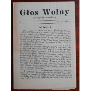 „Głos Wolny”. Dwutygodnik niezależny. [Wyd. Delegatura Rządu, nieoficjalny organ Departamentu Informacji. Warszawa] 1944 nr 1