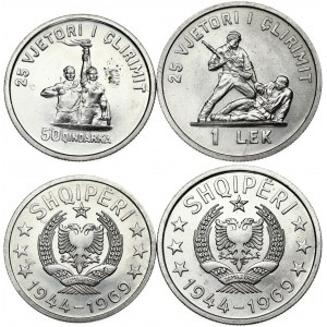 Albania 50 Qindarka & 1 Lek ND (1969) 25th Anniversary of Liberation. Obverse: National Arms between stars...