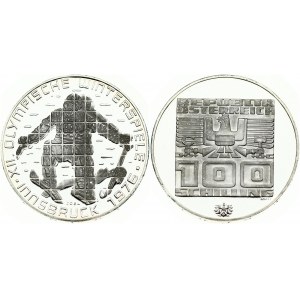 Austria 100 Schilling 1976 Olympics Innsbruck. Obverse: Box surrounds stylized Imperial Eagle...