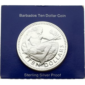 Barbados 10 Dollars 1974FM (P) Neptune God of the Sea. Obverse: National arms. Reverse: Neptune at left looking right...