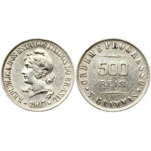 Brazil 500 Reis 1907 Obverse: Liberty bust facing left; date below. Reverse: Denomination in the center. Edge Milled...