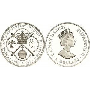 Cayman Islands 5 Dollars 1993 40th Anniversary of Coronation. Elizabeth II (1952-). Obverse: Crowned bust right...