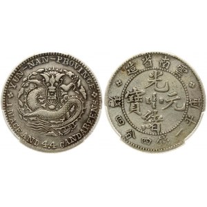 China Yunnan Province 20 Cents (1908) Guangxu (1875-1908). Obverse: Four Chinese ideograms read top to bottom...