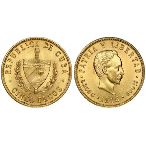 Cuba 5 Pesos 1915 Obverse: National arms within wreath; denomination below. Reverse: Head right; date below. Gold 8.35g...