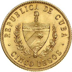 Cuba 5 Pesos 1915 Obverse: National arms within wreath; denomination below. Reverse: Head right; date below. Gold 8.35g...