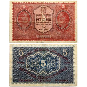 Czechoslovakia 5 Korun 1919 Banknote. Obverse: Red and black. Woman at left and right. Reverse...