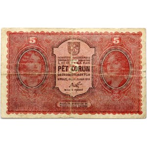 Czechoslovakia 5 Korun 1919 Banknote. Obverse: Red and black. Woman at left and right. Reverse...