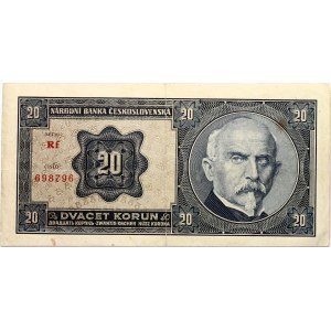 Czechoslovakia 20 Korun 1920 Banknote. Obverse: Blue-violet; brown and red...