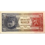 Czechoslovakia 20 Korun 1920 Banknote. Obverse: Blue-violet; brown and red...