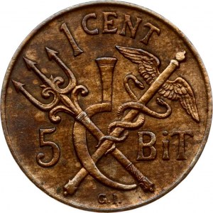 Danish West Indies 1 Cent / 5 Bit 1905 P♥GI. Christian IX (1863-1906). Obverse...