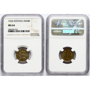 Estonia 1 Mark 1924 Obverse: Three leopards left divide date. Reverse: Denomination. Edge Description: Milled. Nickel...