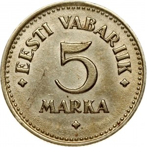 Estonia 5 Marka 1924 Obverse: Three leopards left divide date. Reverse: Denomination. Edge Description: Milled. Nickel...