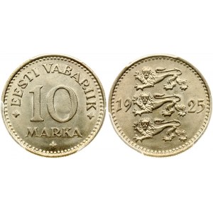 Estonia 10 Marka 1925 Obverse: Three leopards left divide date. Reverse: Denomination. Edge Description: Milled...