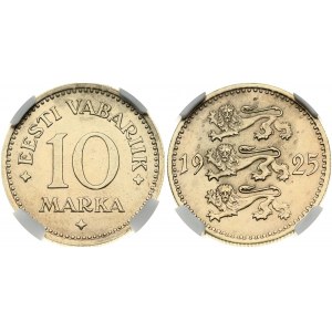 Estonia 10 Marka 1925 Obverse: Three lions facing left divide the date. Reverse: Denomination. Edge Reeded...