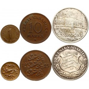 Estonia 10 Marka & 1 Sent & 2 Krooni (1925-1939). Obverse: Three lions facing left divide the date. Reverse...