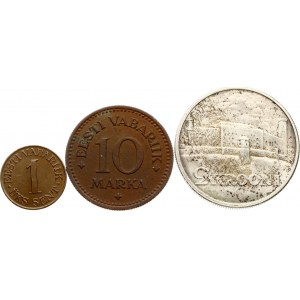 Estonia 10 Marka & 1 Sent & 2 Krooni (1925-1939). Obverse: Three lions facing left divide the date. Reverse...