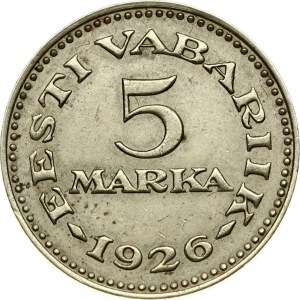 Estonia 5 Marka 1926 Obverse: National arms within wreath. Reverse: Denomination above date. Nickel-Bronze. KM 7...