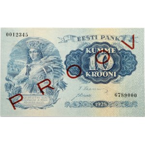 Estonia 10 Krooni 1928 Banknote SPECIMEN. Obverse: Blue print...