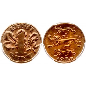 Estonia 1 Sent 1929 Obverse: Three leopards left above date. Reverse: Denomination; oak leaves in background...