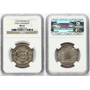 Estonia 2 Krooni 1932 Tercentenary - University of Tartu. Obverse: National arms wreath surrounds date below. Reverse...