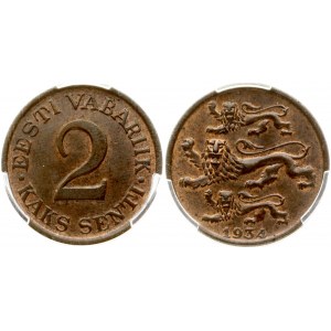 Estonia 2 Senti 1934 Obverse: Three leopards left above date. Reverse: Denomination. Edge Description: Plain. Bronze...